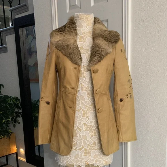 Vintage Arden B | Y2K Penny Lane Tan Leather Coat Fur Collar Embroidered | Sz S - Picture 2 of 13